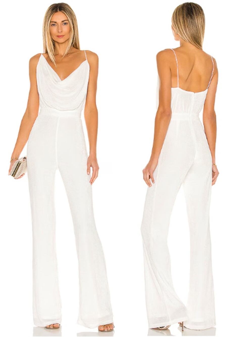 NWT  Misha Moira Metallic Jersey Cowl Neck Pantsuit Ivory Women's Size Medium